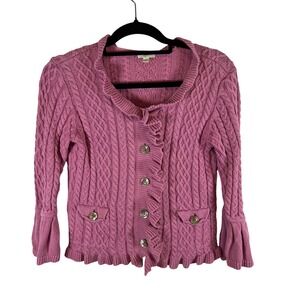 J. Jill Pink Cable Knit Ruffle Cardigan Sweater Womens‎ XS Cotton Cottagecore